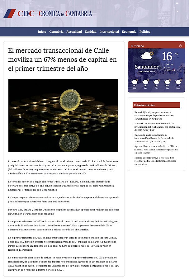 El mercado transaccional de Chile moviliza un 67% menos de capital en el primer trimestre del ao